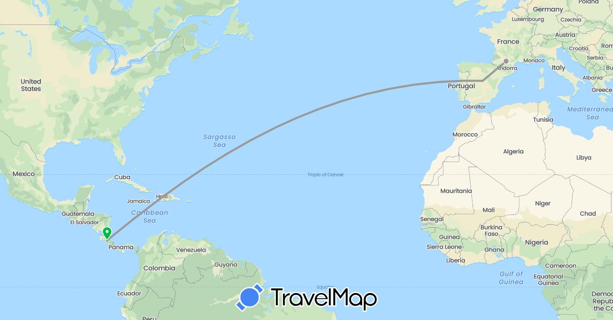 TravelMap itinerary: driving, bus, plane in Costa Rica, Spain, France (Europe, North America)