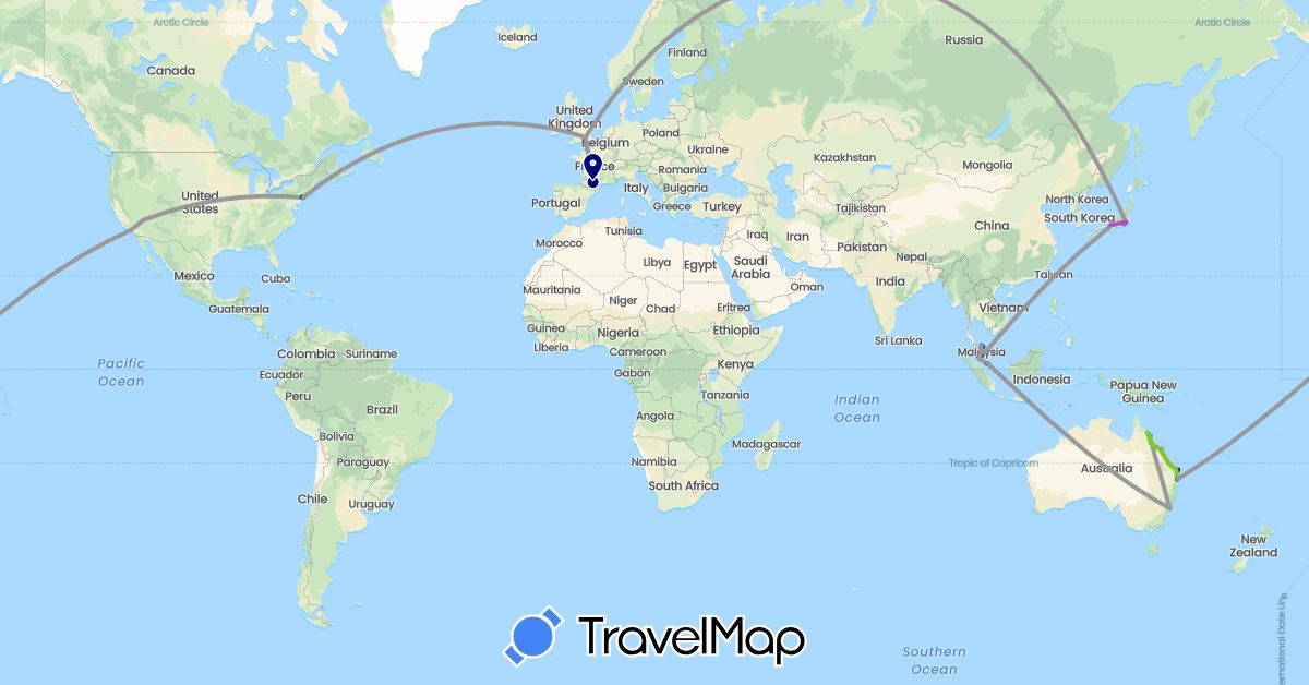 TravelMap itinerary: driving, bus, plane, cycling, train, hiking, boat, electric vehicle in Australia, France, United Kingdom, Japan, Malaysia, Singapore, United States (Asia, Europe, North America, Oceania)